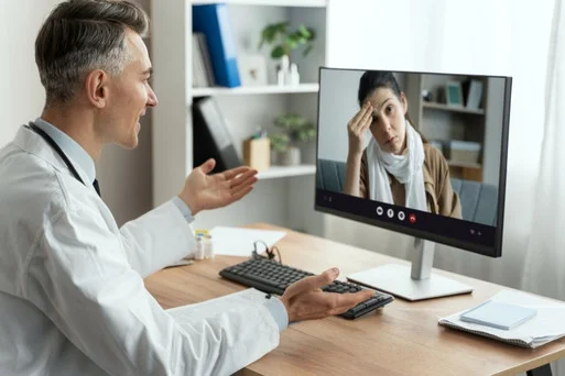 A doctor conducting a remote mental health assessment with a patient via video call.