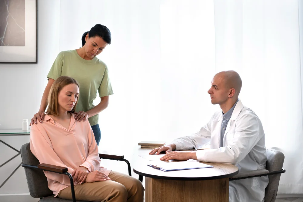 Psychiatrist taking clinical notes while a male patient recounts his symptoms during a psychiatric evaluation session